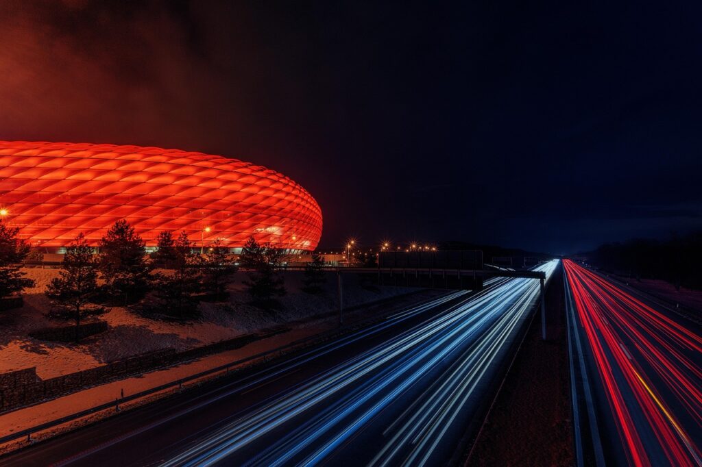 Floodlit football stadium at night during the World Cup 2026